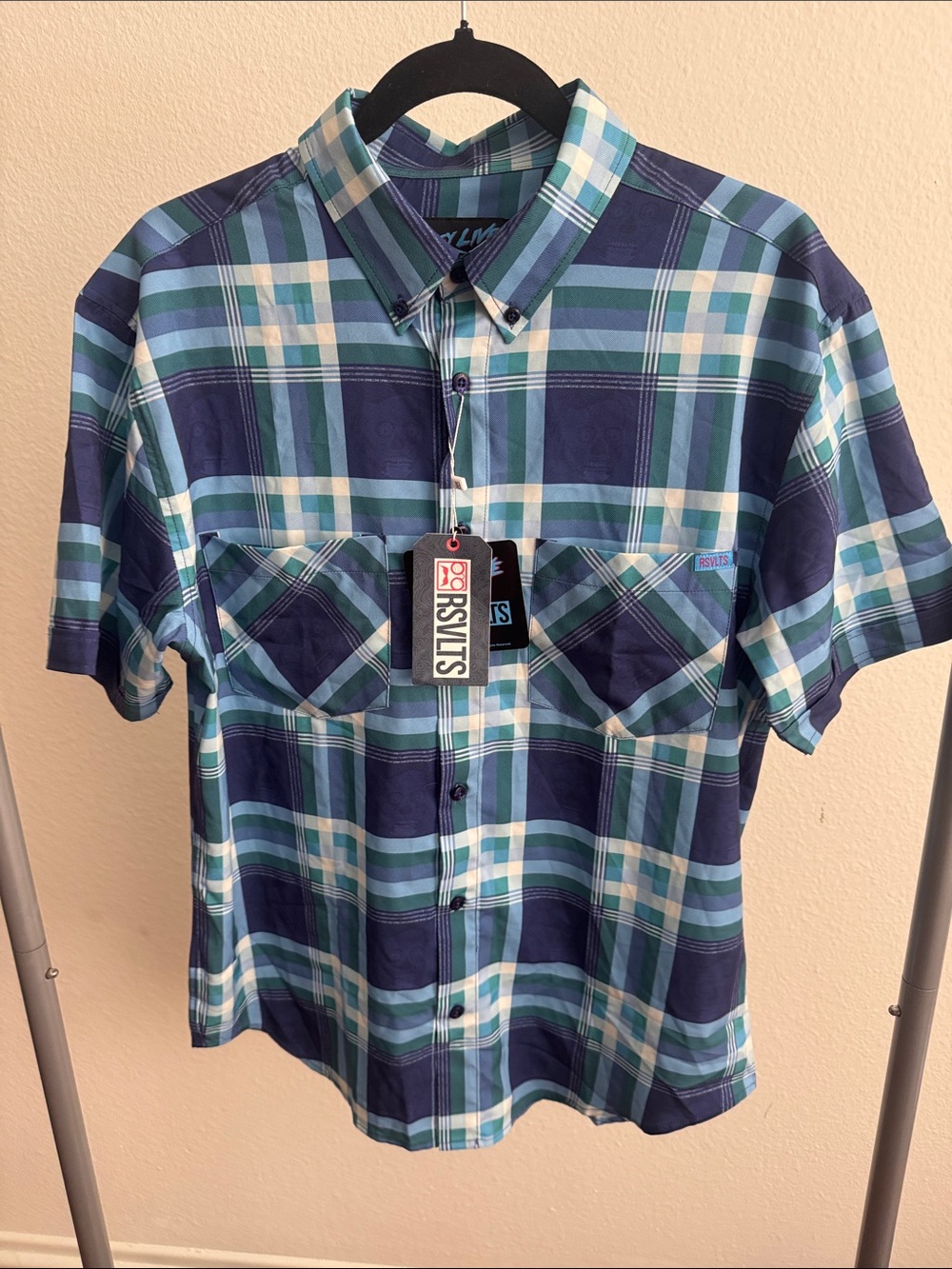 RSVLTS THEY LIVE horror Men’s Blue and Teal Plaid Short-Sleeve Button-Up Shirt
